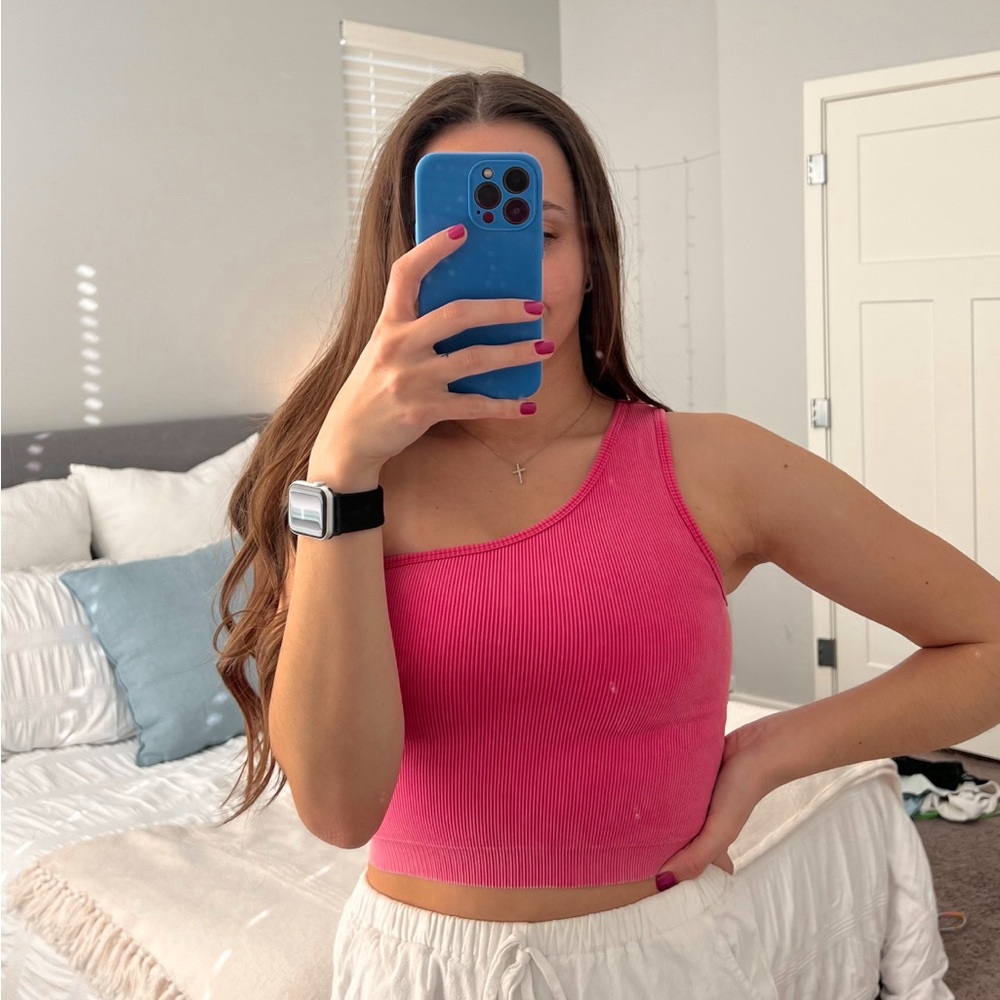 Pink One-Shoulder Ribbed Top - Picture 2 of 2